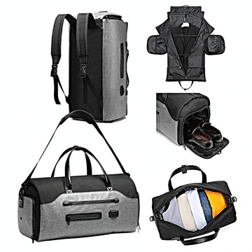 waterproof mens weekender bag grey black color axis travel companion multiple angles of spacious storage options