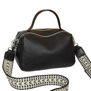 Timeless City Compact upscale premium pebbled leather handbag in black Boston silhouette with top handle adjustable patterned crossbody strap