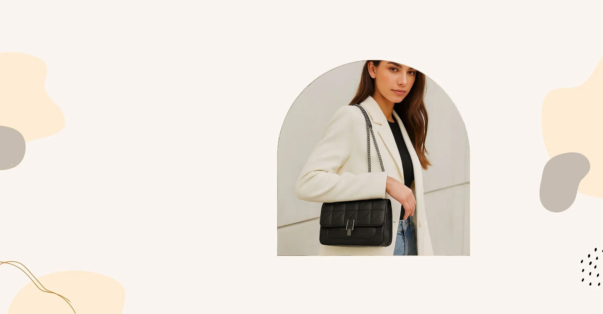 Timeless Quilted Charm luxury vegan leather crossbody in black on model elegant quilted bag with premium upscale silver chain strap on shoulderslider_item_qbNfzE