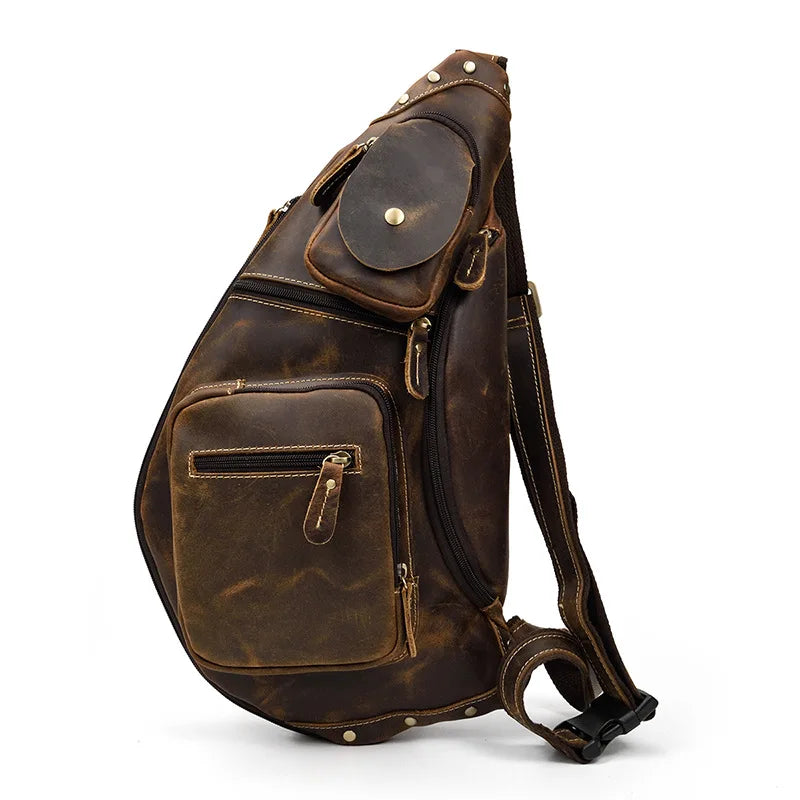 Heritage Nomad Sling men’s brown crazy horse leather crossbody sling bag with zip pockets and adjustable strap
