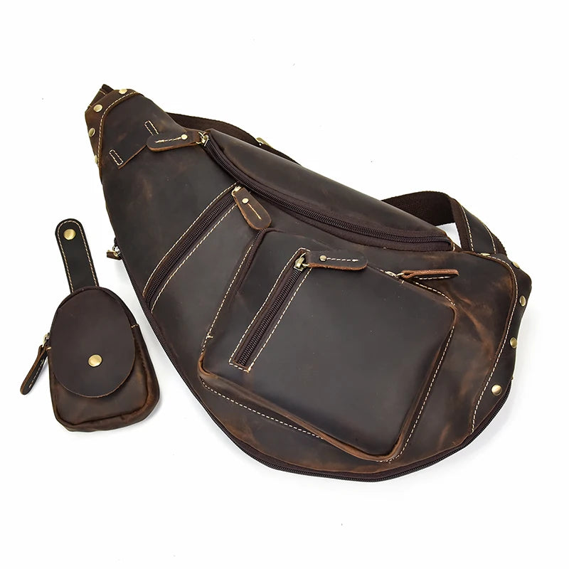Heritage Nomad Sling men’s brown crazy horse leather crossbody sling bag with zip pockets and adjustable strap