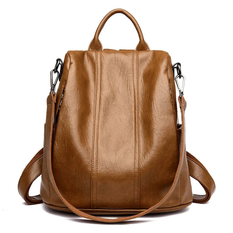 Urban Ease Backpack women’s tote bag in tan vegan leather with silver hardware with top handle and detachable shoulder strap