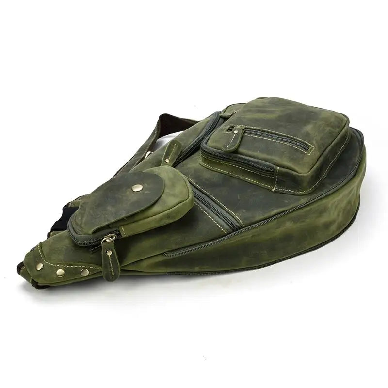 Heritage Nomad Sling men's green genuine leather crossbody bag with multiple zipper pockets