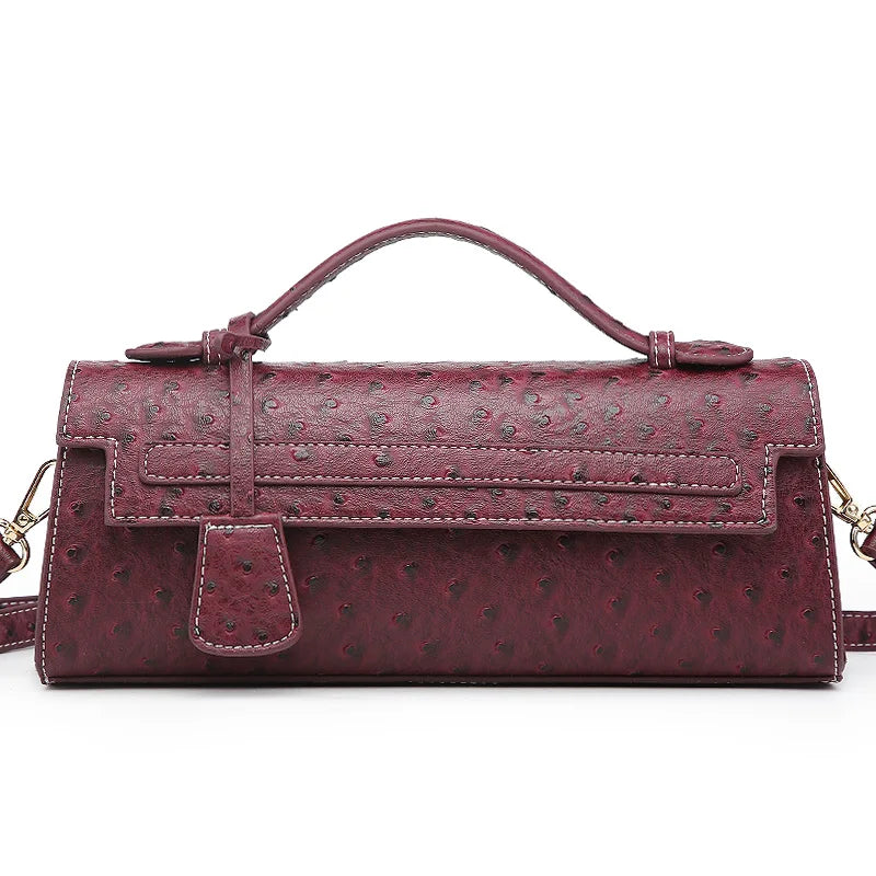 Timeless Elle Petite maroon ostrich womens embossed vegan leather luxury handbag structured womens leather crossbody tote clutch bag
