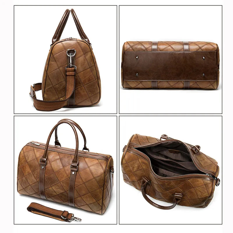 crossline leather duffle Brown quilted leather duffel bag with an adjustable removable shoulder strap leather travel bag