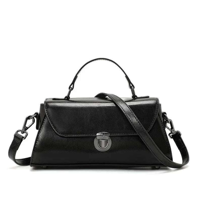 Metro Fold Carry premium black luxury leather compact tote with silver hasp buckle