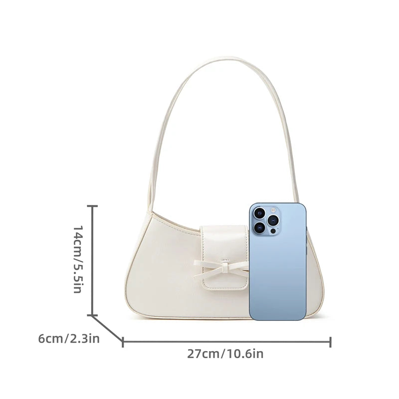 Timeless Bow Carry women's red vegan leather shoulder bag with bow detail and glossy finish showcasing demensions