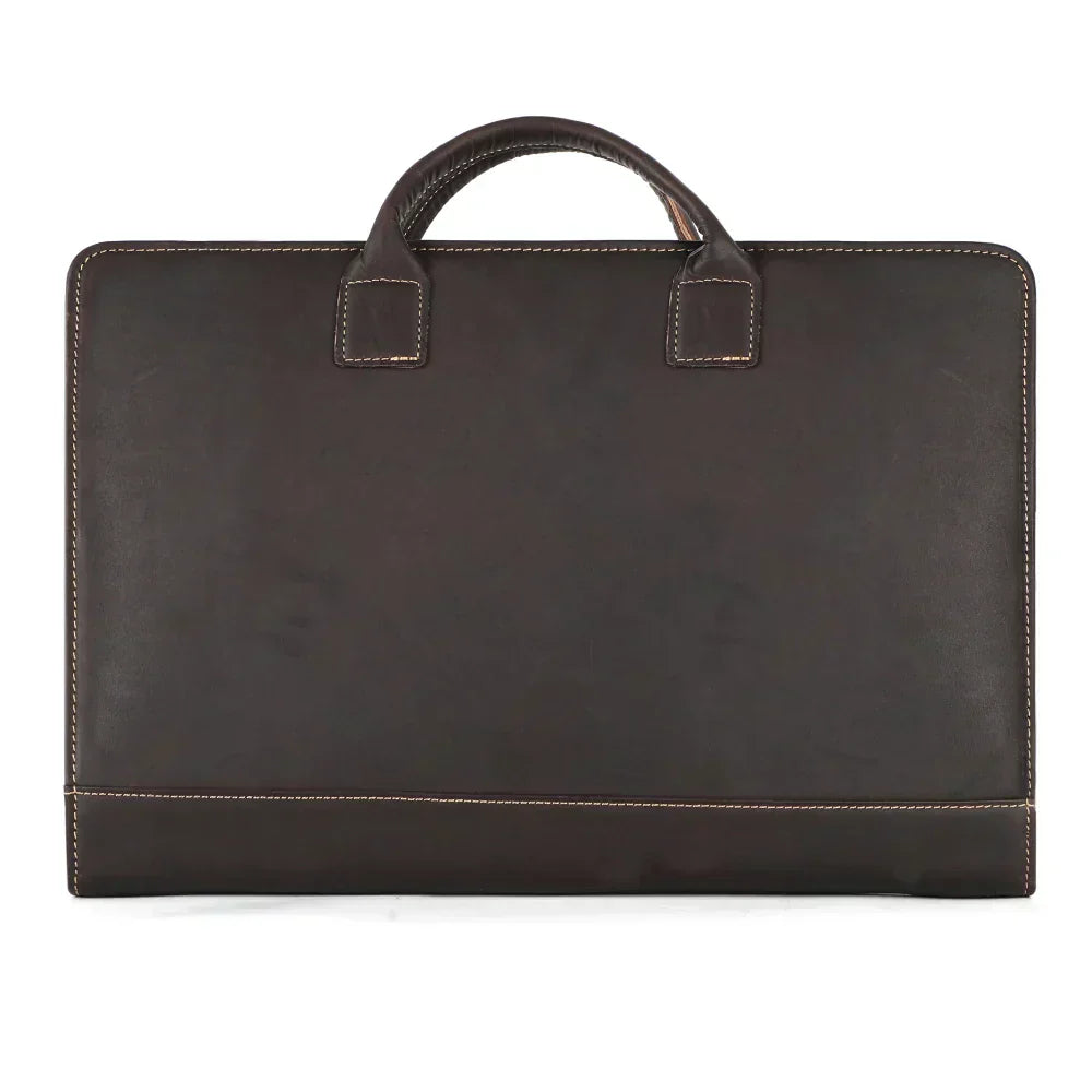 Heritage Ledger Brief chocolate full grain luxury vintage leather laptop bag with slim structured premium design back view