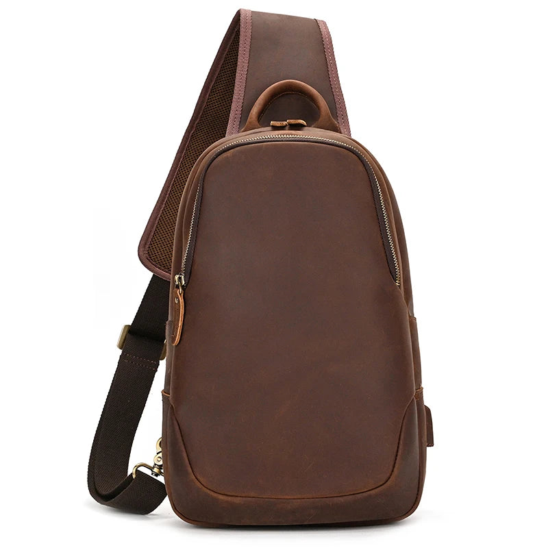 Frontier Leather Sling men’s brown crazy horse leather sling crossbody bag with single adjustable strap