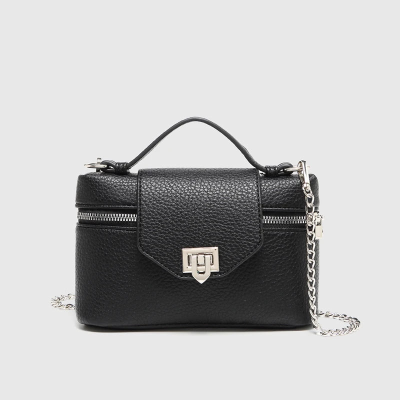Timeless Petite Luxe women's vegan black leather crossbody bag with pebbled texture and chain strap