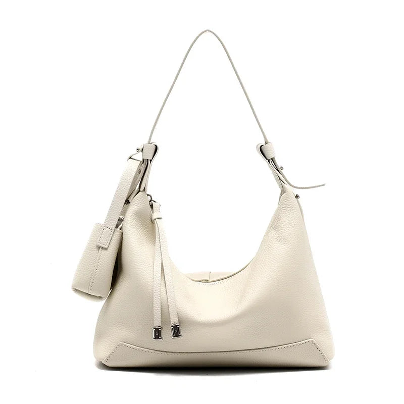 Metro Leather Hobo women's shoulder bag with coin pouch in textured cream leather with top handle and silver hardware