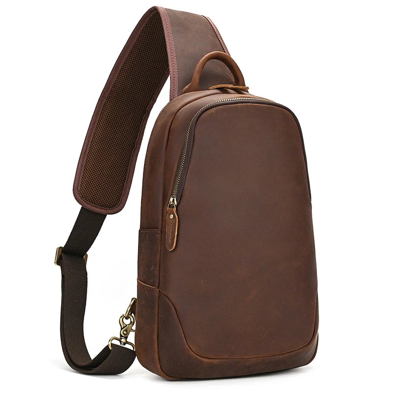 Frontier Leather Sling crazy horse men's brown leather sling bag with adjustable strap and zippered pocket