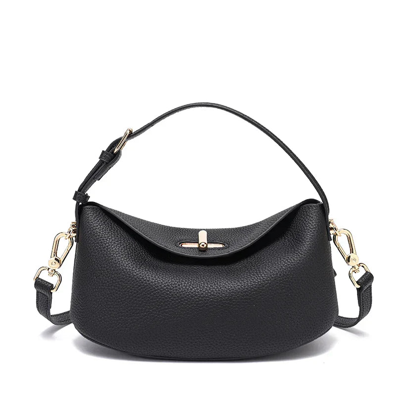 Timeless Arc Tote in black leather front view upscale women’s tote