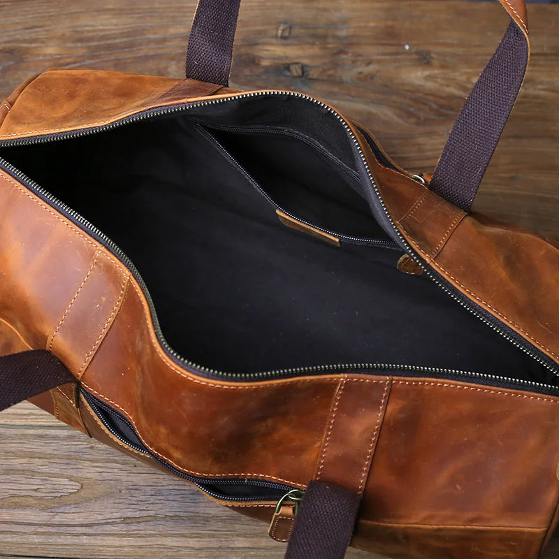 horizon leather carry mens brown leather travel duffel bag open interior with interior zip pocket