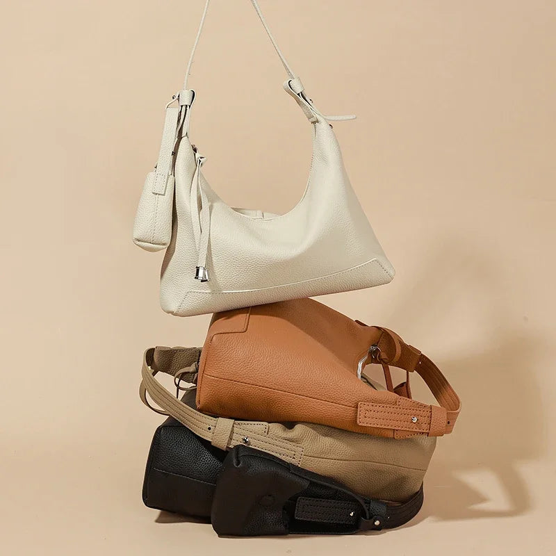 Metro Leather Hobo women's genuine leather shoulder bags in cream, brown, beige, and black