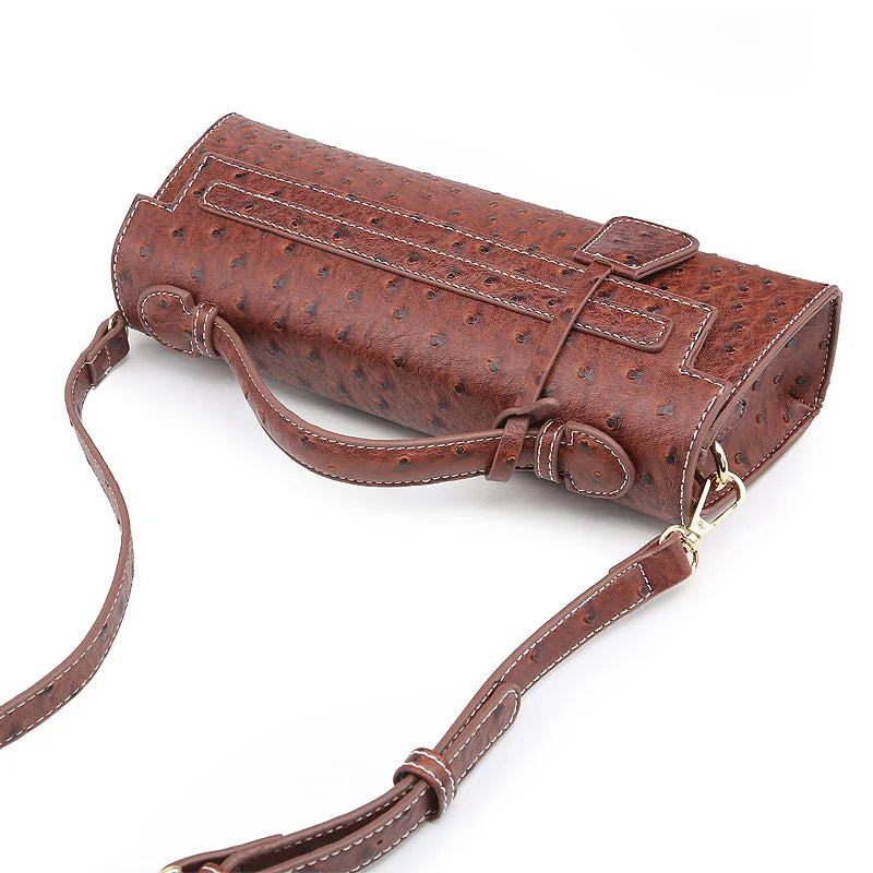 Timeless Elle Petite luxury crossbody in brown ostrich texture with premium strap