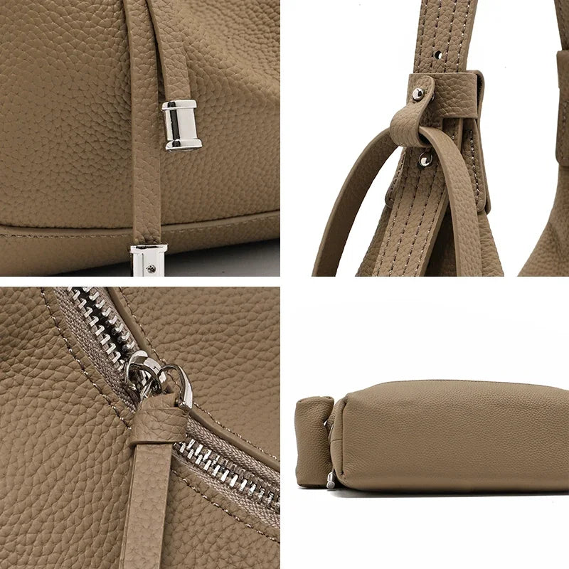 Metro Leather Hobo women’s bag, taupe pebbled leather, silver zipper and hardware and adjustable strap details