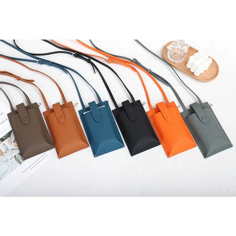 City Snap Carry womens genuine leather phone crossbody bags brown blue khaki black orange green colors snap phone pocket compact leather wallet crossbody lineup
