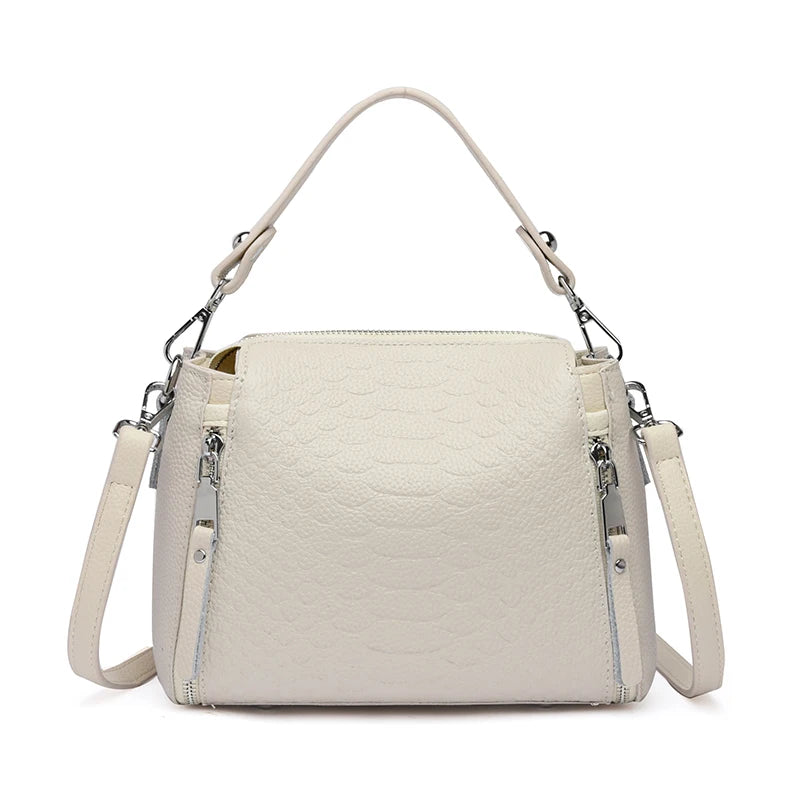 Timeless Zip Carry women's ivory genuine leather shoulder bag with textured finish and top handle