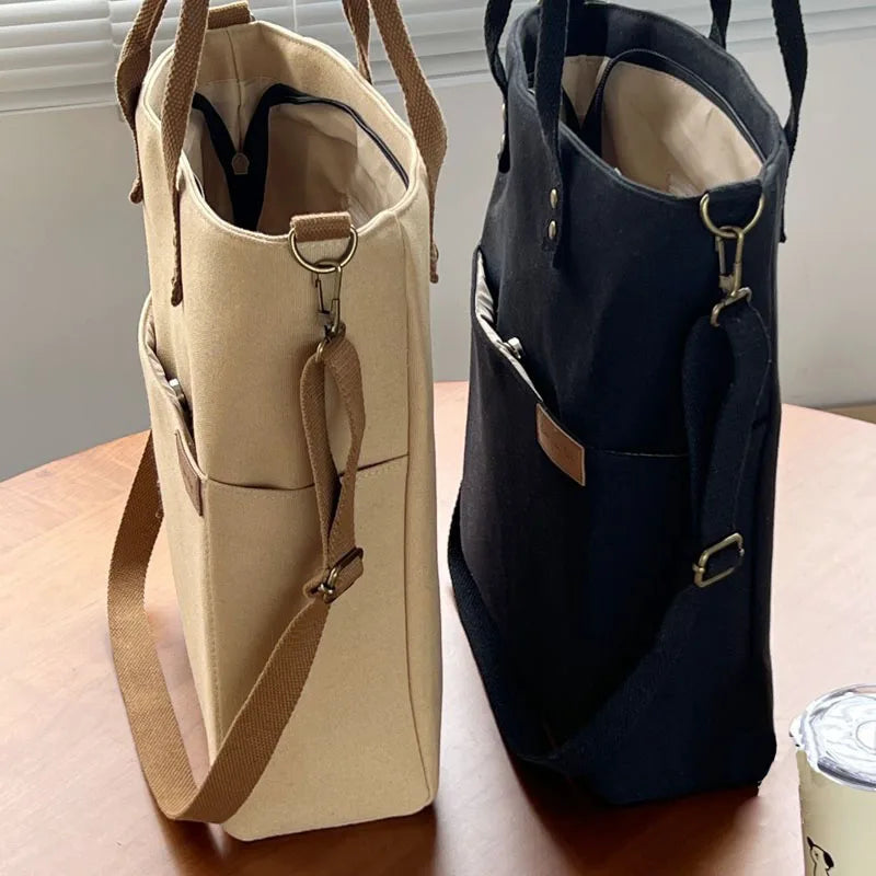 Timeless Canvas Carry khaki and black canvas totes open top view showing leather handles spacious interior and removable crossbody straps womens canvas handbags