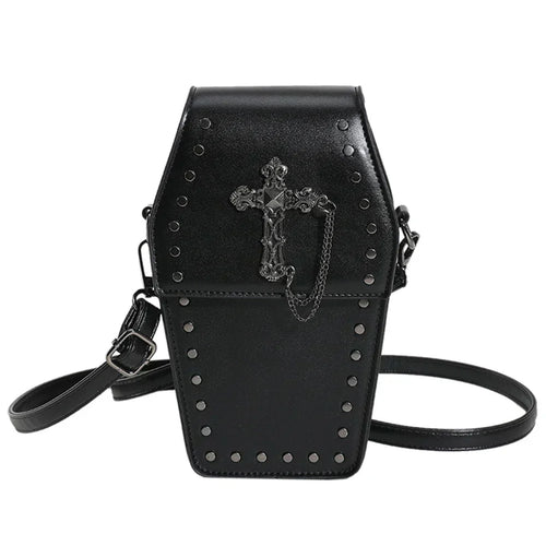 Midnight Edge Crossbody black luxury vegan leather coffin bag with gothic cross metal studs flap closure adjustable strap womens leather crossbody