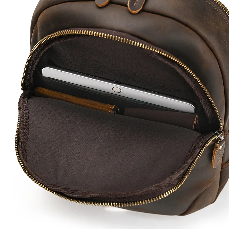 Frontier Leather Sling men's brown leather backpack, open front pocket with tablet and accessories