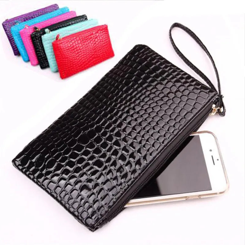 black timeless croc wristlet vegan leather clutch bag with phone for size comparison