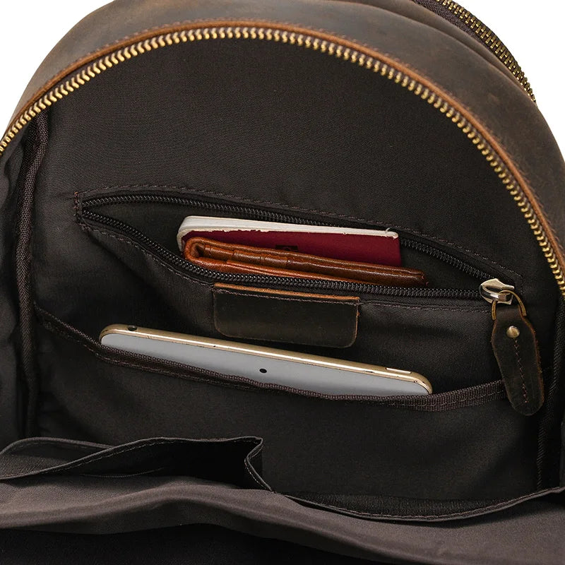 Frontier Leather Sling men's backpack, brown crazy horse leather, zippered interior pockets with phone and wallet