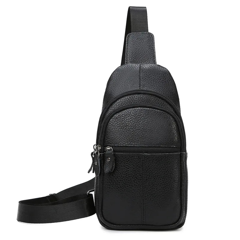 Urban Leather Sling men’s black leather crossbody sling bag with pebbled texture and adjustable strap
