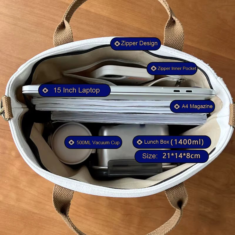 Beige Timeless Canvas Carry womens canvas tote top view organized interior holding 15 inch laptop water bottle magazine bento box womens work tote commuter bag