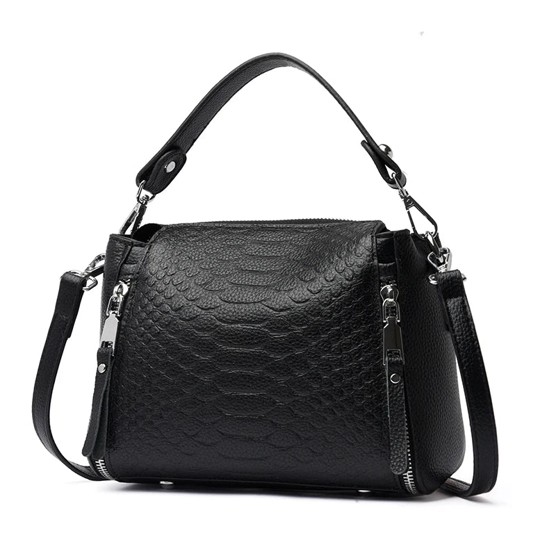 Timeless Zip Carry women's black textured leather shoulder bag with top handle and adjustable strap
