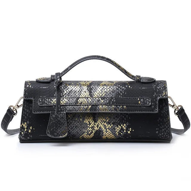 Timeless Elle Petite upscale handbag in black and gold snake embossed vegan leather