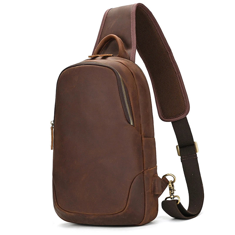 Frontier Leather Sling men’s crazy horse brown leather crossbody sling bag with adjustable strap and zipper closure
