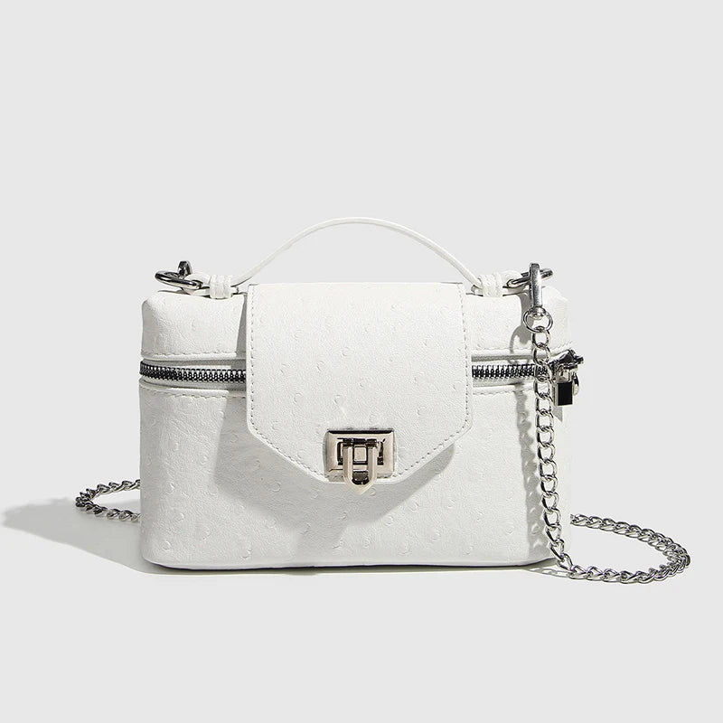 Timeless Petite Luxe women’s white textured vegan leather crossbody bag with top handle and chain strap