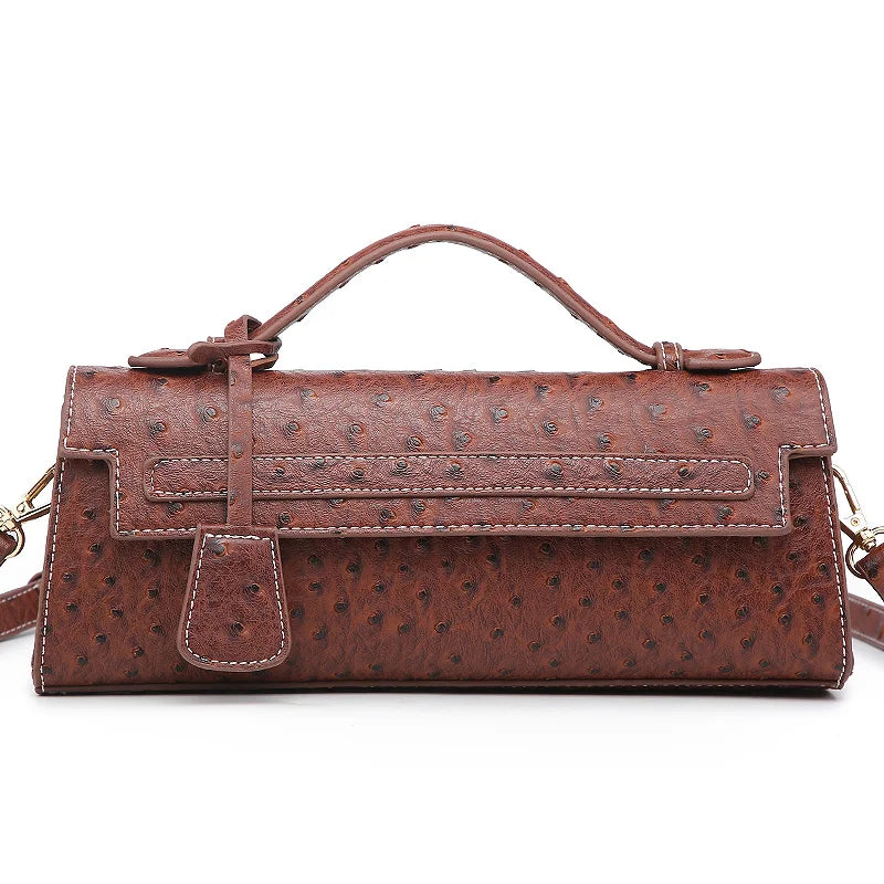 Timeless Elle Petite luxury vegan leather ostrich embossed bag in brown