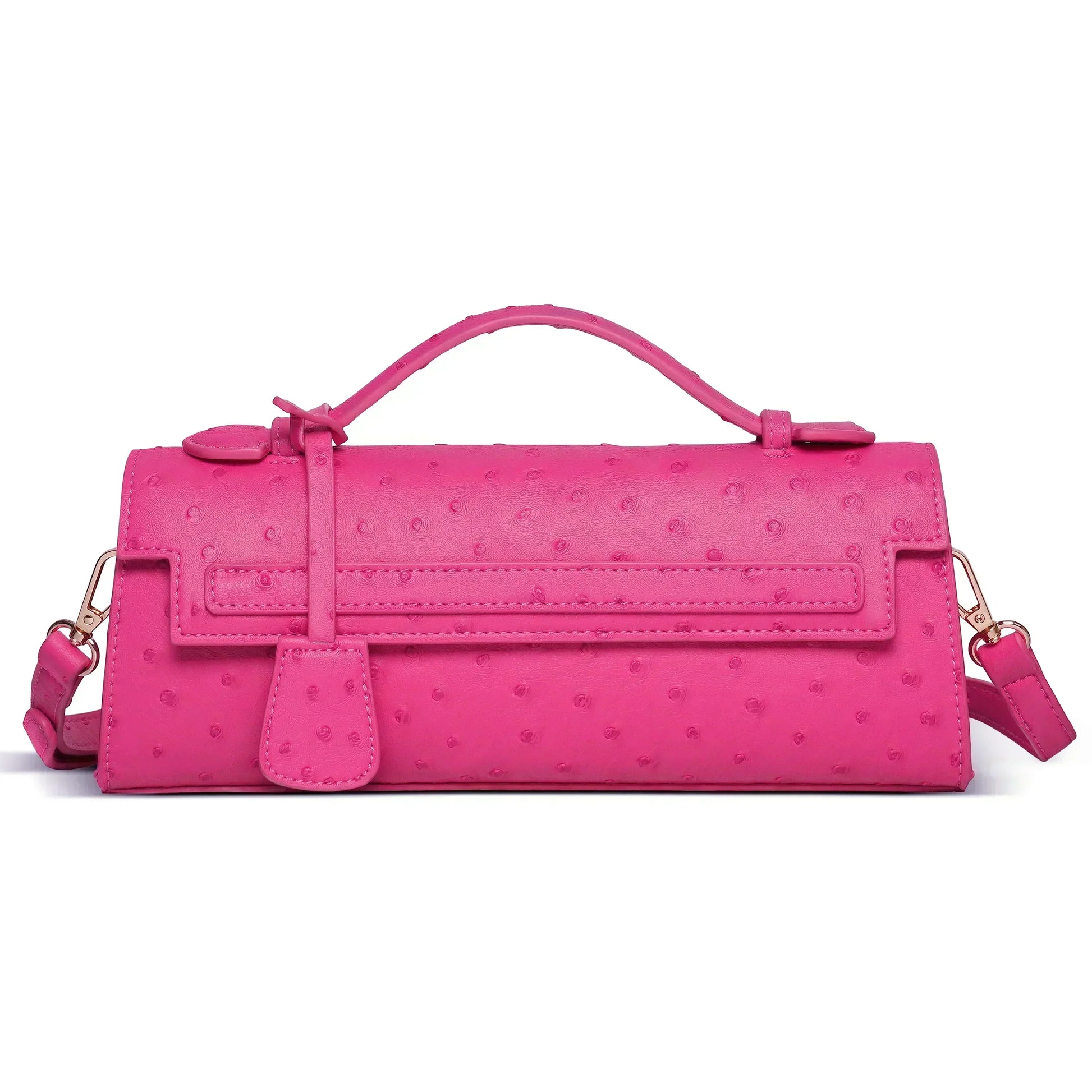 Timeless Elle Petite premium luxury handbag in pink ostrich embossed vegan leather
