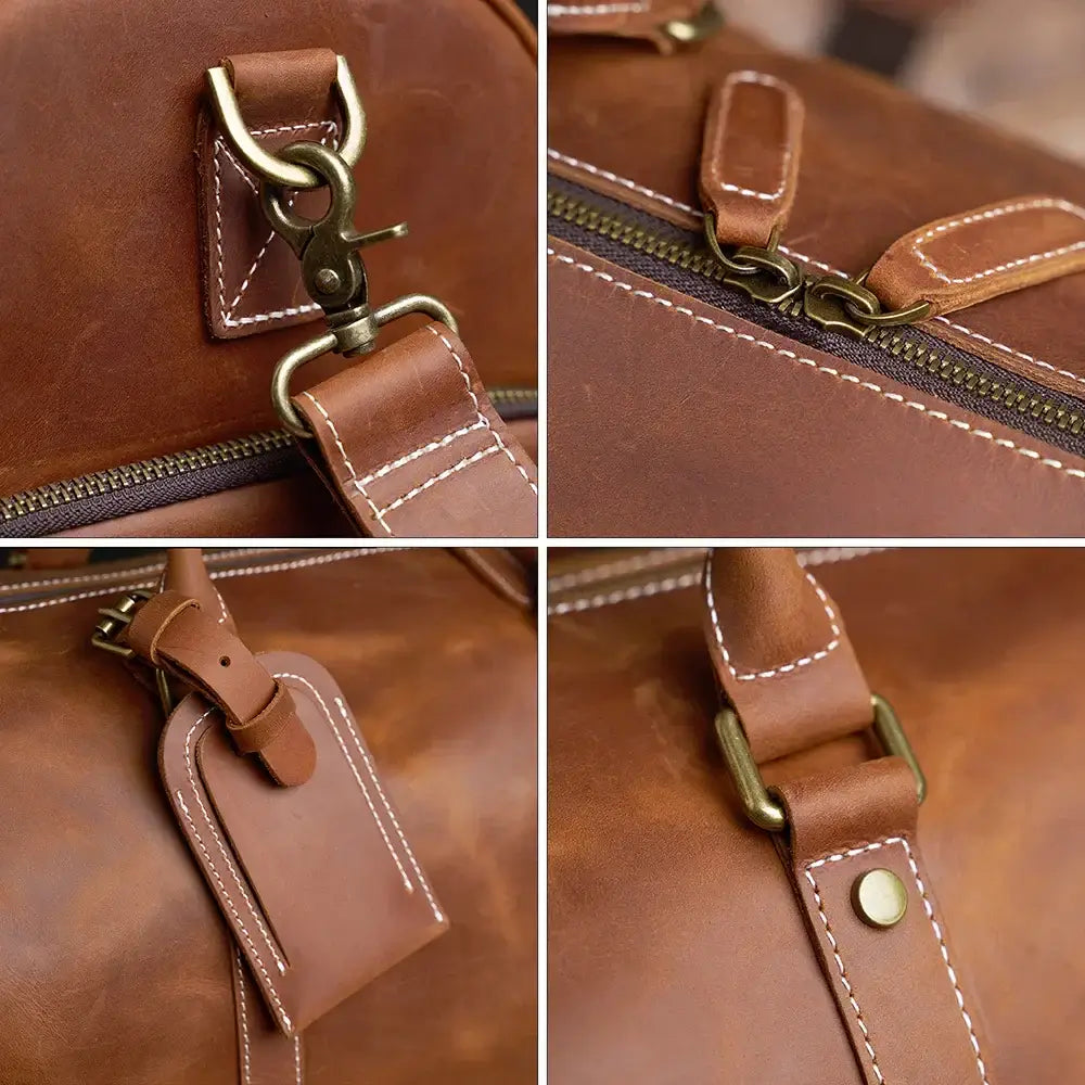 Heritage Leather Weekender in brown thick luxury vintage genuine leather shown with close ups of brass clasp and strap attachment zipper detail reinforced stitching and riveted leather strap showcasing classic craftsmanship upscale hardware premium finish and timeless travel ready durability