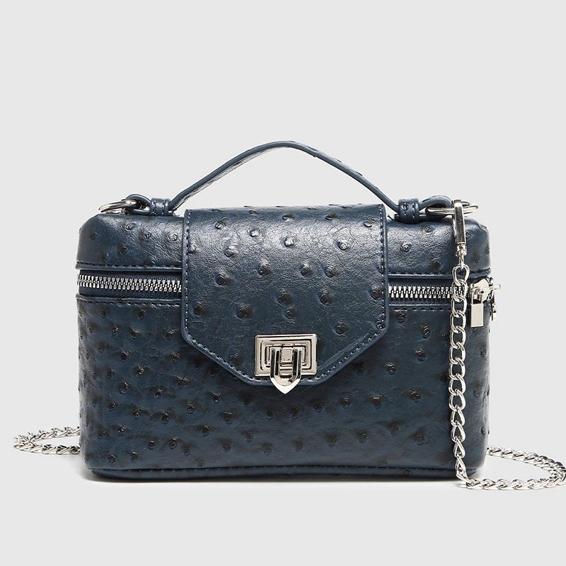 Timeless Petite Luxe women's vegan leather navy blue crossbody bag with textured finish and chain strap