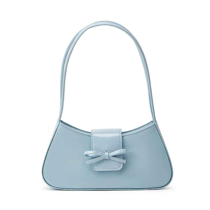 Timeless Bow Carry women's blue vegan leather shoulder bag with bow detail and glossy finish