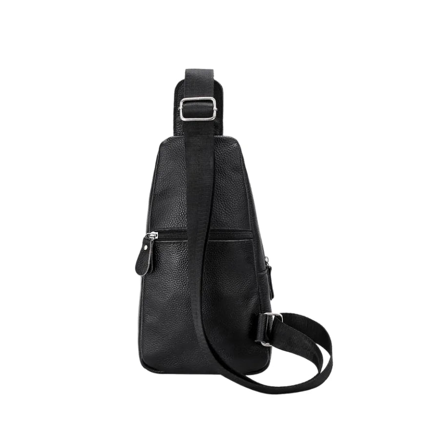 Urban Leather Sling men's crossbody bag, black pebbled leather, adjustable strap, zip pocket, rear view