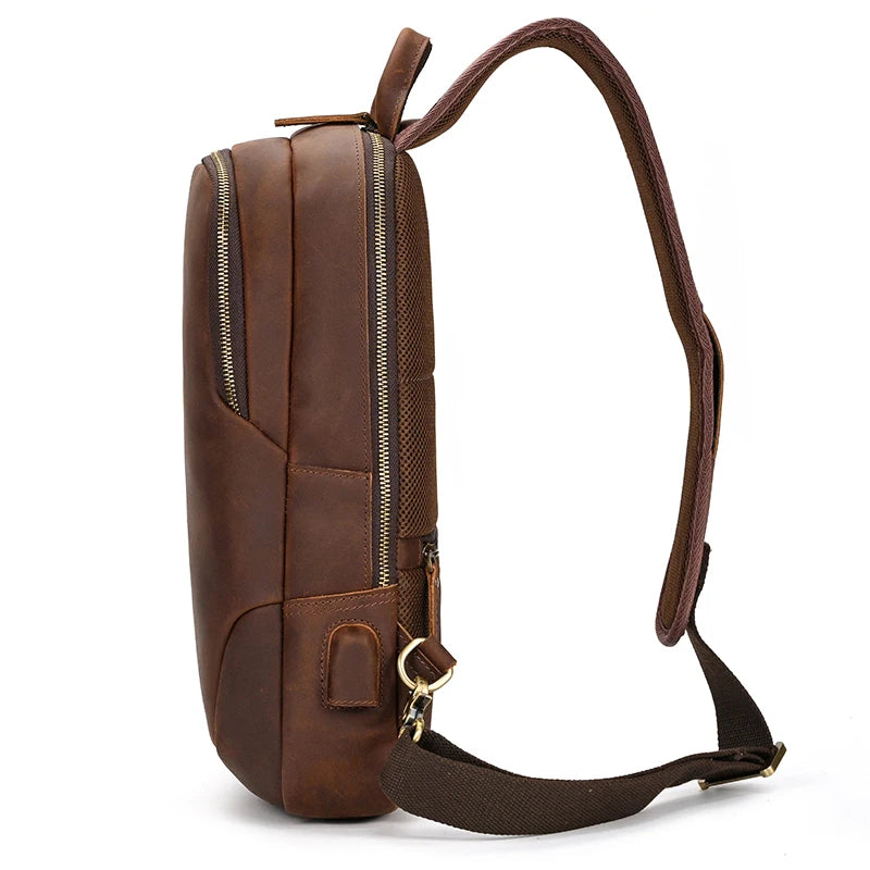 Frontier Leather Sling men’s brown crazy horse leather crossbody bag with zipper closure and adjustable strap