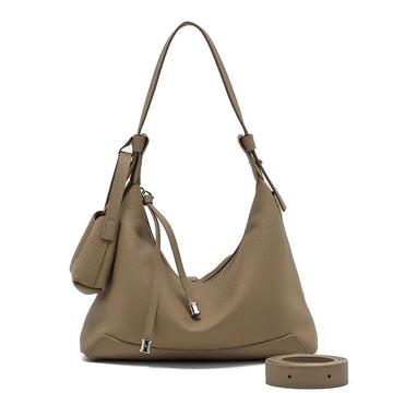 Metro Leather Hobo women's shoulder bag in taupe genuine leather with detachable strap and pouch with silver hardware