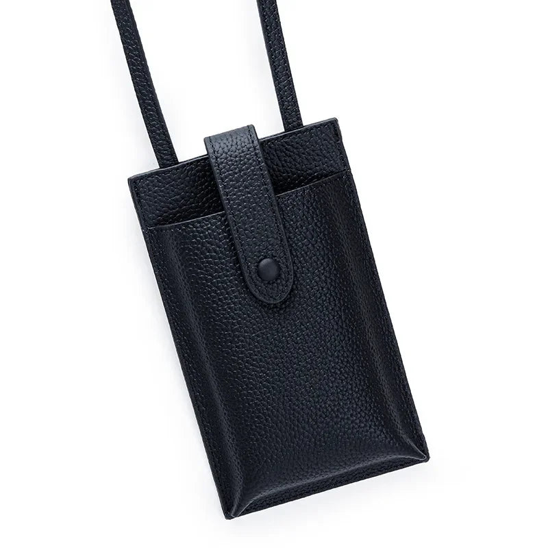 Black womens genuine leather phone crossbody bag City Snap Carry snap phone pocket compact leather wallet crossbody small tote