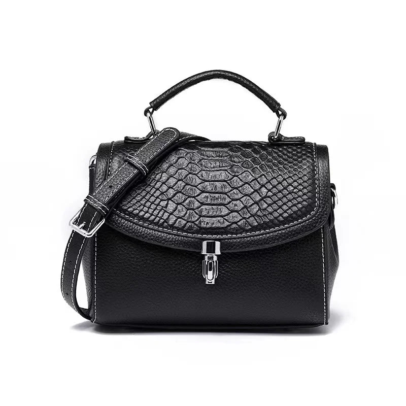 Luxe  Croc  Carry in black textured genuine leather premium bag with structured handle with detachable adjustable strap