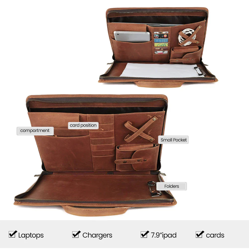 Heritage Ledger Brief brown premium luxury vintage leather laptop bag open view with card slots and compartments