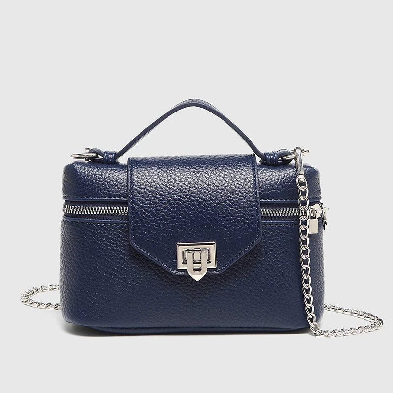 Timeless Petite Luxe women's navy vegan leather crossbody bag with silver chain strap and top handle