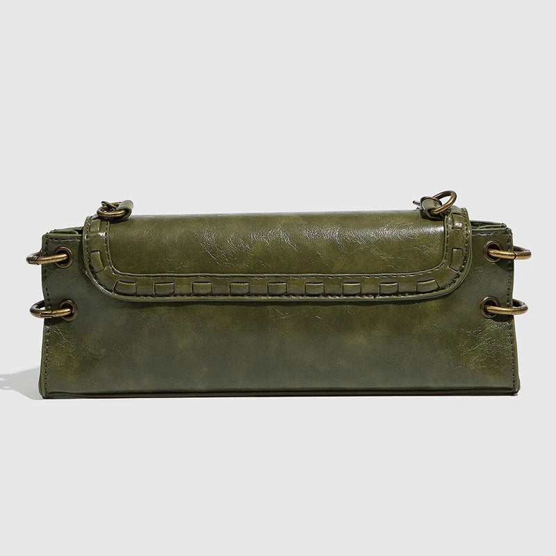 Luxe Chain Carry women’s clutch bag in olive green vegan leather with flap closure and brass eyelet accents