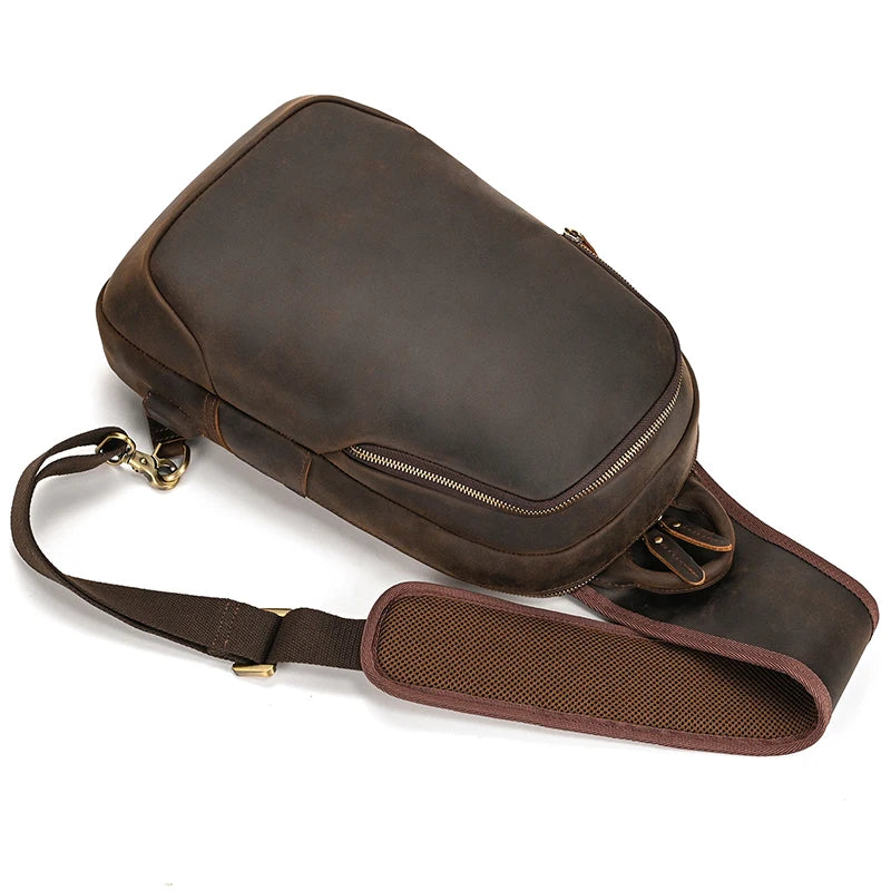 Frontier Leather Sling men's leather crossbody sling bag in dark brown crazy horse leather with adjustable strap