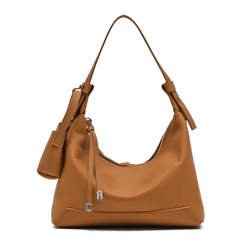 Metro Leather Hobo women's shoulder bag in brown textured genuine leather with top handle and coin pouch with silver hardware