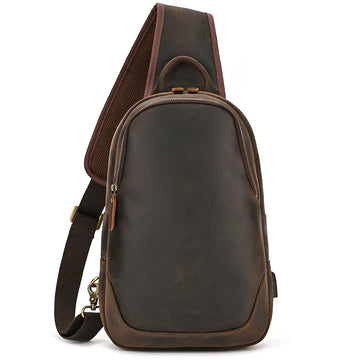 Frontier Leather Sling men's leather crossbody sling bag in dark brown crazy horse leather with adjustable strap